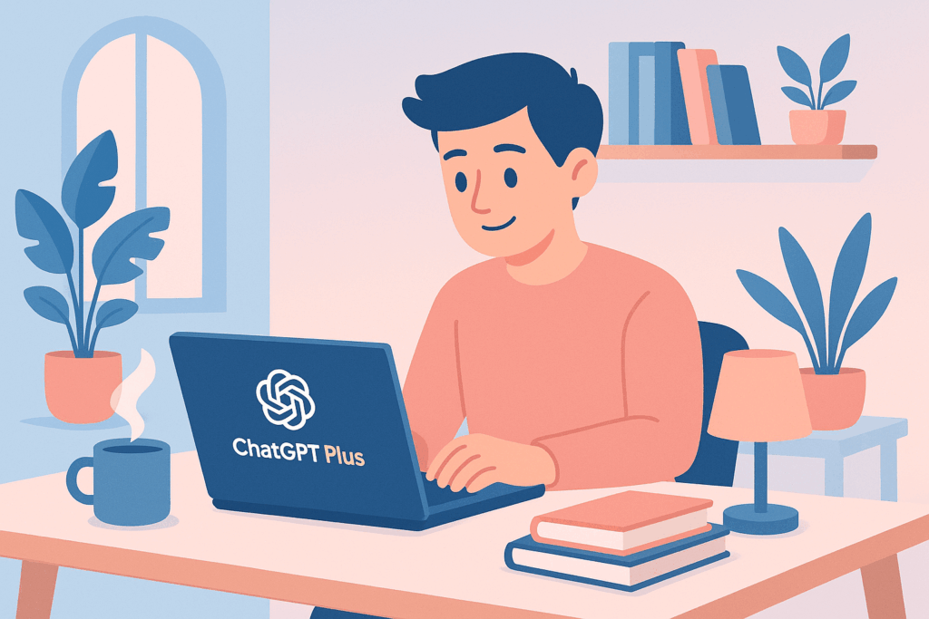 ChatGPT Plusの活用風景 自宅でChatGPTを使って仕事をするユーザーのイラスト