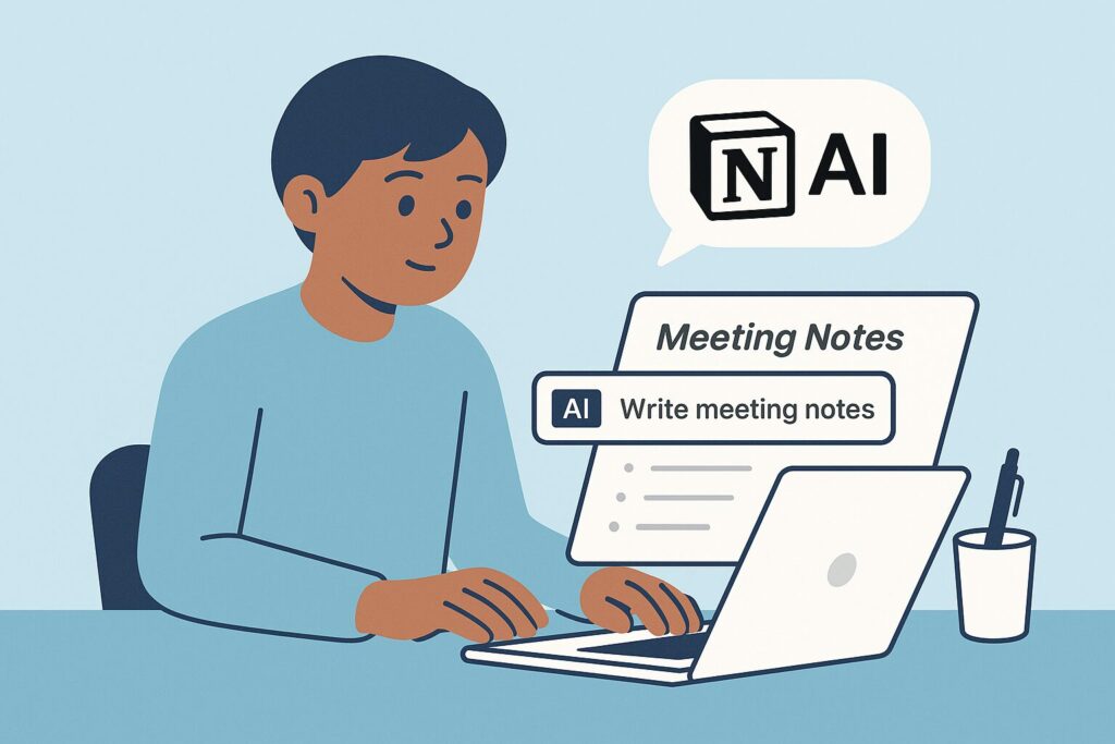Notion AIの基本操作画面 Notion AIを使って議事録を書いている人物のイラスト