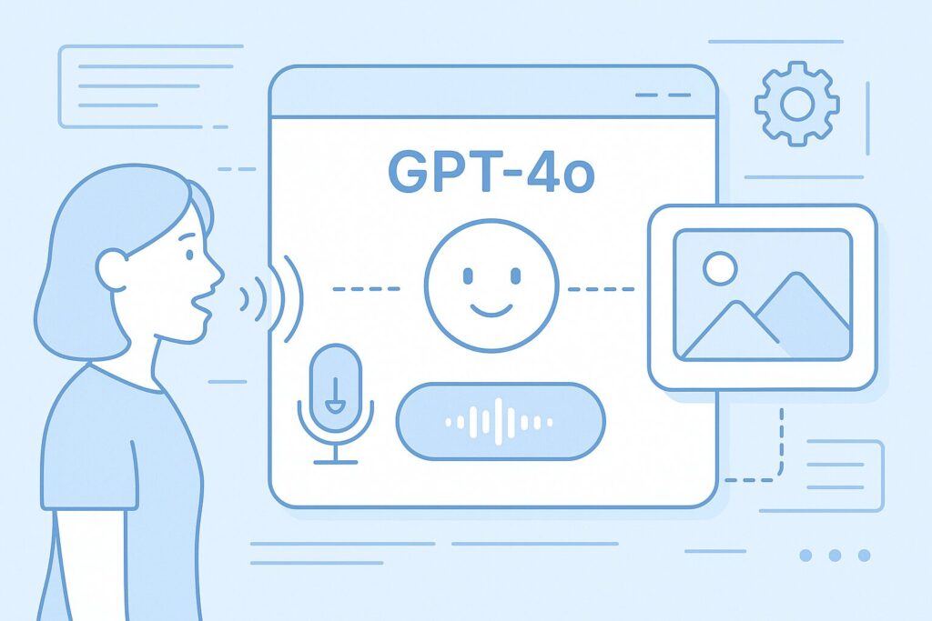 GPT-4oはマルチモーダルAI! GPT-4oが画像と音声を同時に処理している様子のイラスト