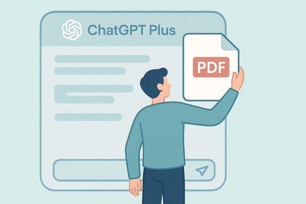 プロンプトでPDF要約を指示する様子 ChatGPT PlusにPDFをアップロードしている様子のイラスト