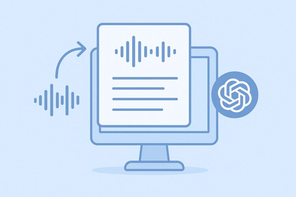 ChatGPTにテキストを渡して議事録を要約 音声を文字起こししている様子のイラスト