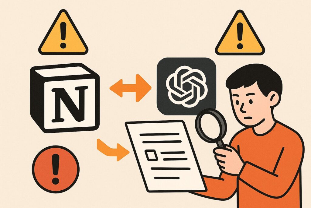 Notion上でAI出力を整理 ChatGPTとNotionの連携に注意している様子のイラスト