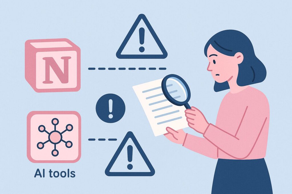 連携活用時の注意点 ChatGPTとNotionの連携に注意している様子のイラスト