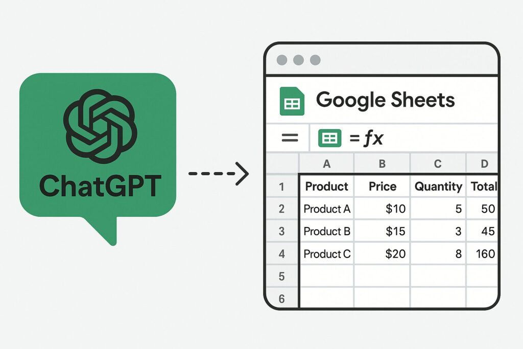 スプレッドシートをChatGPTで自動生成 GoogleスプレッドシートにChatGPTの出力を貼り付ける様子のイラスト