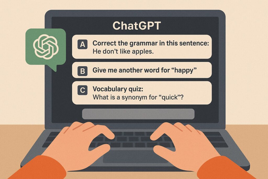 ChatGPTで英語学習を効率化 ChatGPTに英語のプロンプトを入力している様子のイラスト