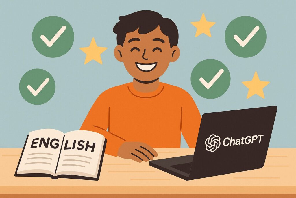 英語学習プロンプトの入力画面 ChatGPTで英語を楽しく学んでいる人物のイラスト