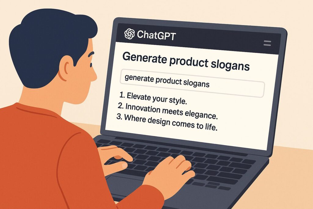 ChatGPTでキャッチコピーを自動生成 ChatGPTにキャッチコピーを依頼しているプロンプト画面のイラスト