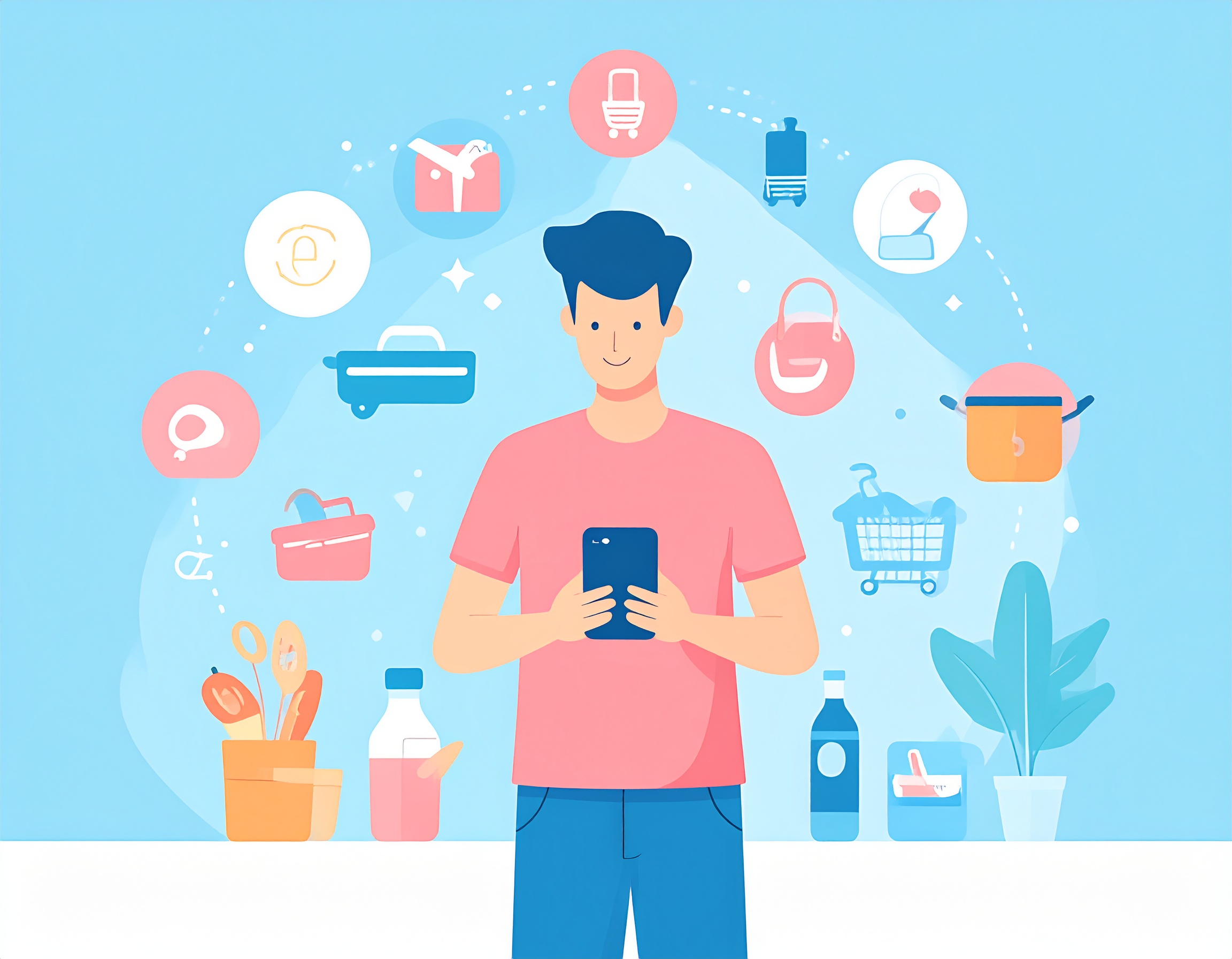 スマートフォンでChatGPTと会話する人と生活に関するアイコン
