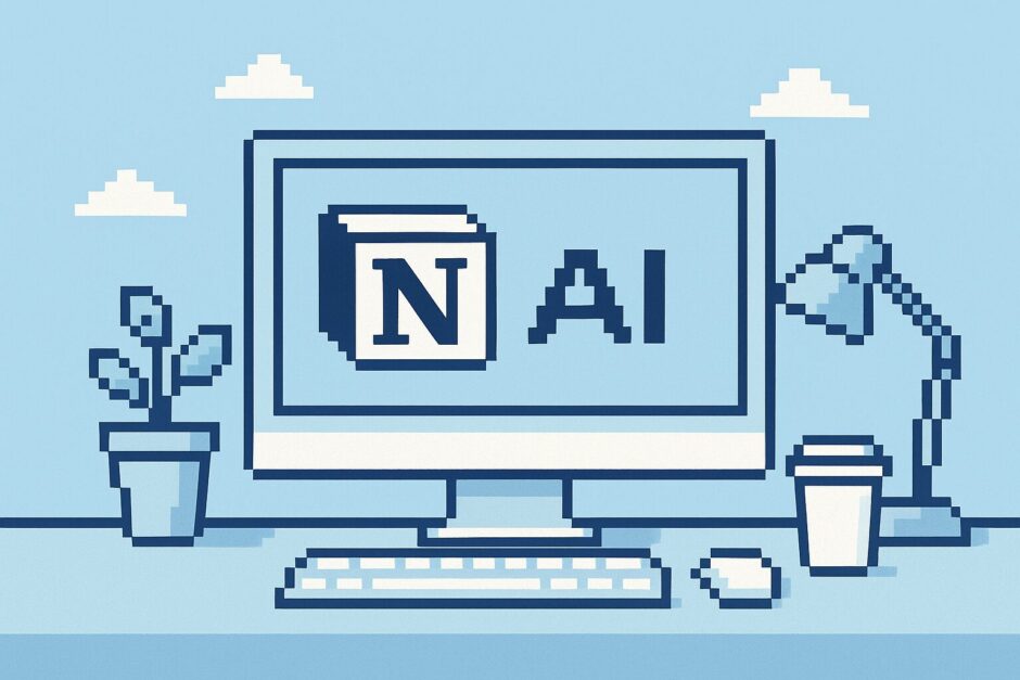 Notion AIのロゴが表示されたデジタルワークスペースのイラスト