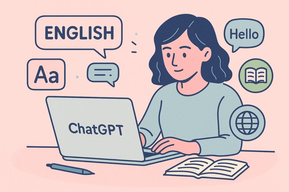 ChatGPTで英語を学んでいる様子のイラスト