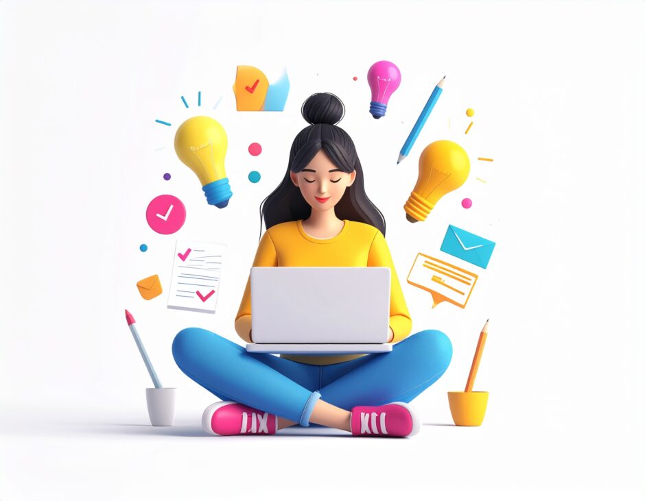 ChatGPTがユーザーの文章を添削しているイラスト（シンプルでポップな線画）