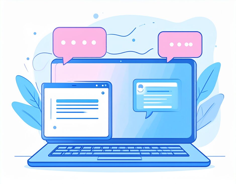 パソコンとスマートフォンを通じてSNS投稿を効率化するChatGPTのイラスト