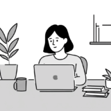 ノートPCで自動生成されるブログ記事を見ている人物と流れる文章のイラスト