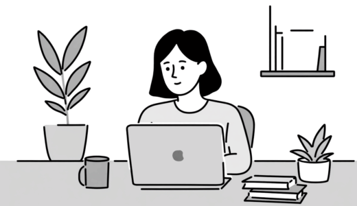 ノートPCで自動生成されるブログ記事を見ている人物と流れる文章のイラスト