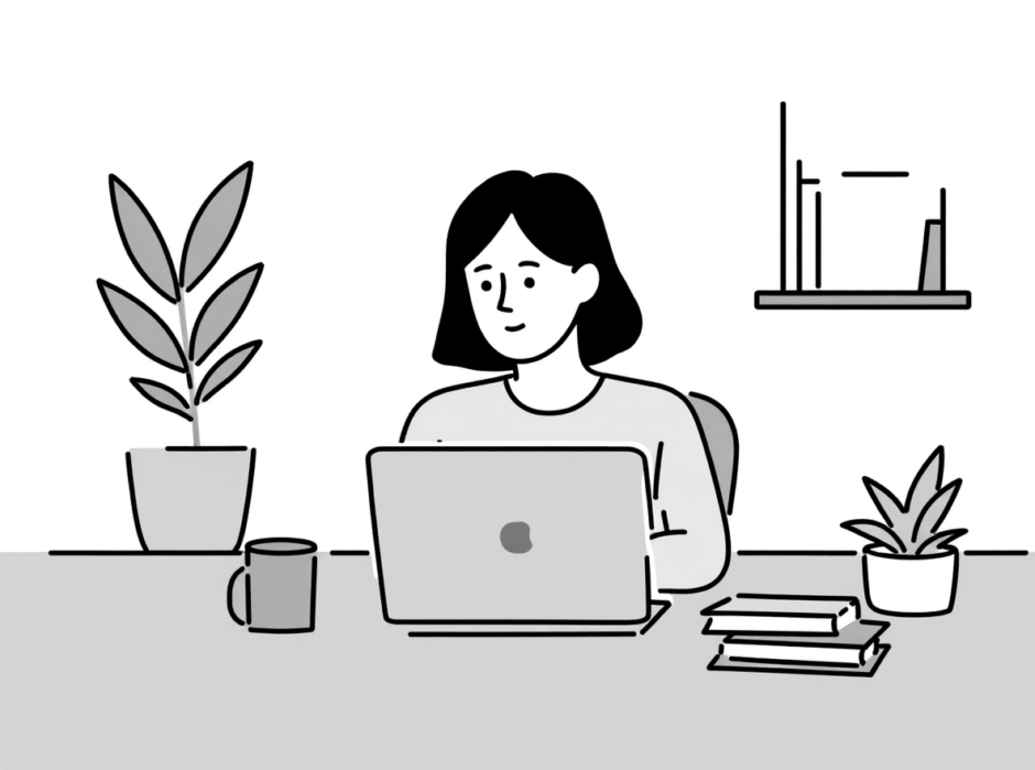 ノートPCで自動生成されるブログ記事を見ている人物と流れる文章のイラスト