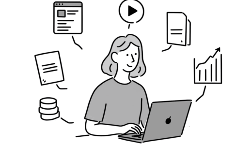 複数の収益方法を考える人物と関連アイコン（ブログ、動画、商品）を描いた線画イラスト