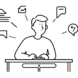 ChatGPTと会話する人物とアイコン群の線画