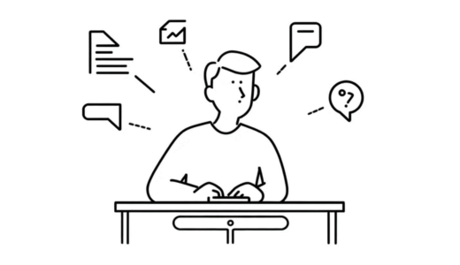 ChatGPTと会話する人物とアイコン群の線画