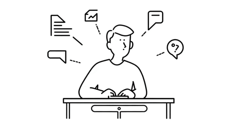 ChatGPTと会話する人物とアイコン群の線画