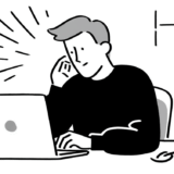 AIを活用してブログ記事を書く人物のモノクロ線画イラスト