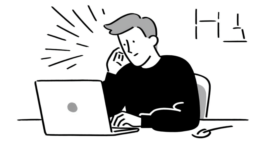 AIを活用してブログ記事を書く人物のモノクロ線画イラスト